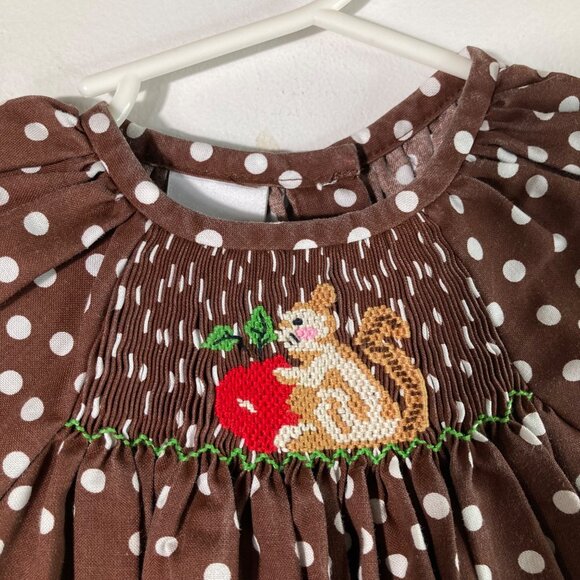 Toddler‎ Girls Smocked Giraffe Embroidered Dress Polka Dots Squirrel Apple12M - Picture 3 of 5